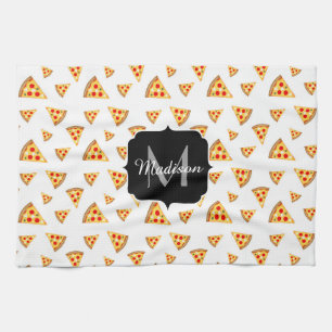 Cool and fun pizza slices pattern Monogram white Tea Towel
