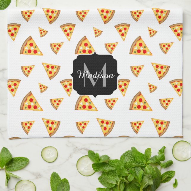 Cool and fun pizza slices pattern Monogram white Tea Towel (Folded)