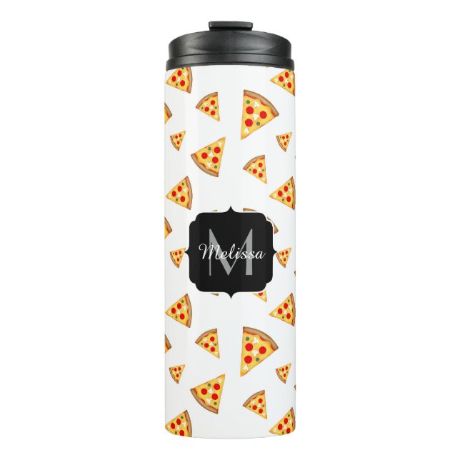 Cool and fun pizza slices pattern Monogram white Thermal Tumbler (Front)