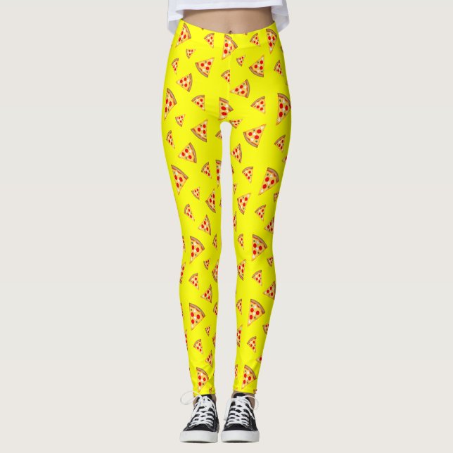 Cool and fun pizza slices pattern neon yellow leggings (Front)