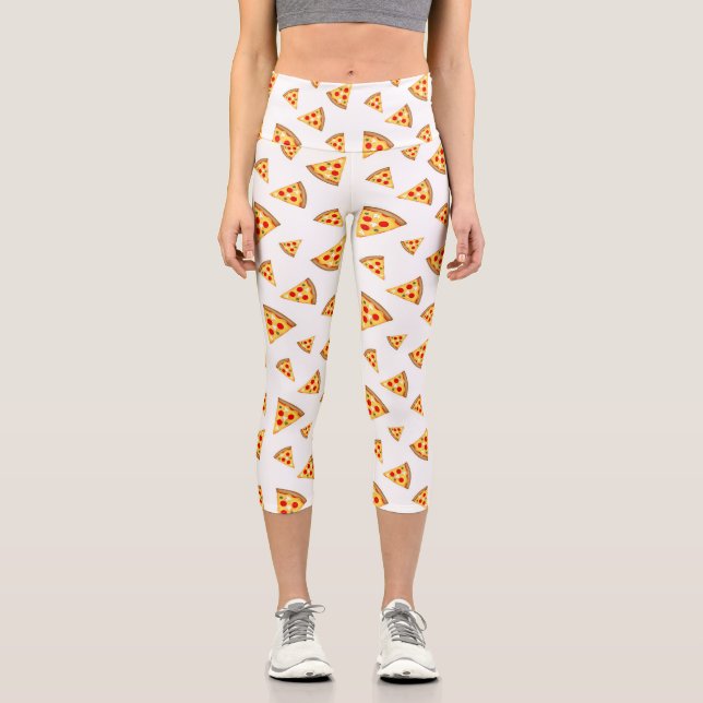 Cool and fun pizza slices pattern on white capri leggings (Front)