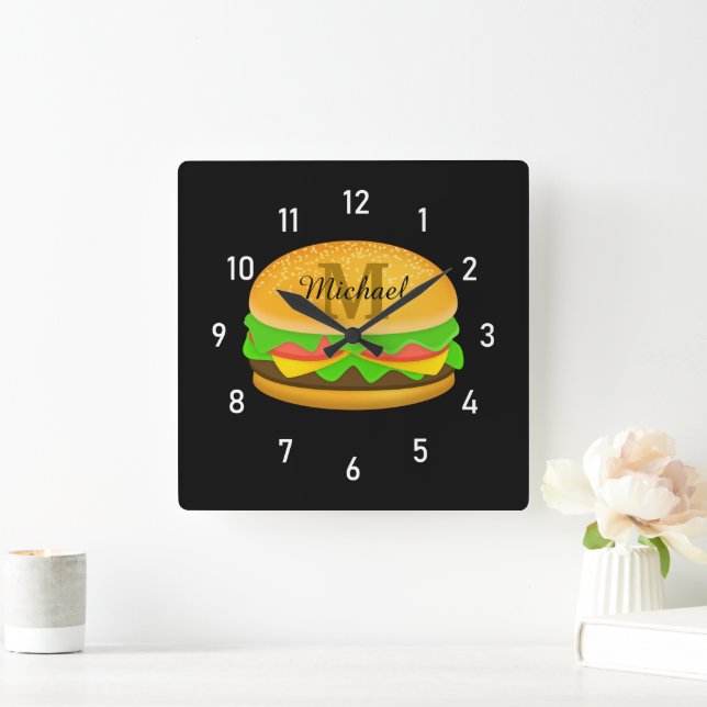 Cool and fun yummy burger Monogram and numbers Square Wall Clock (Home)
