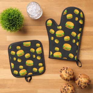 Cool and fun yummy burger pattern dark grey oven mitt & pot holder set