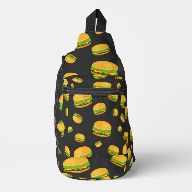 Cool and fun yummy burger pattern dark grey sling bag (Front)