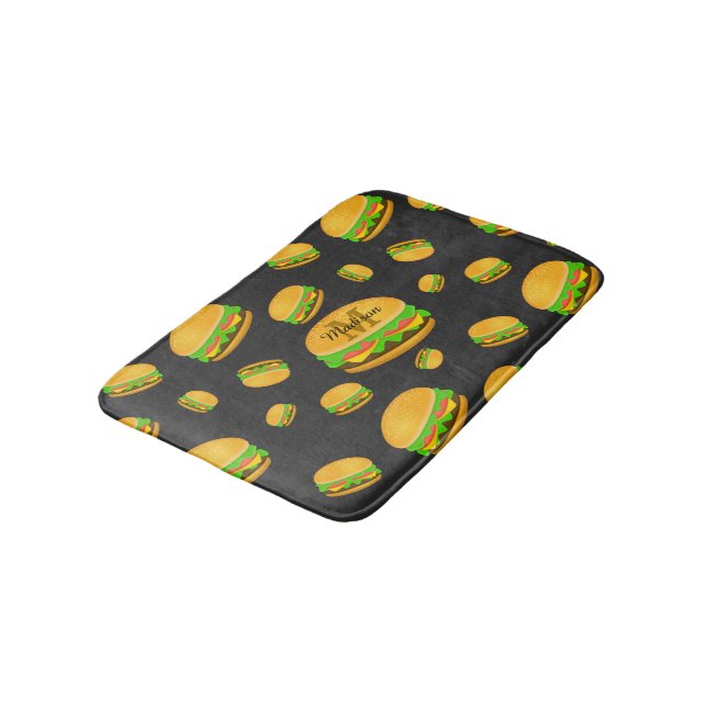 Cool and fun yummy burger pattern Monogram Bath Mat (Angled)