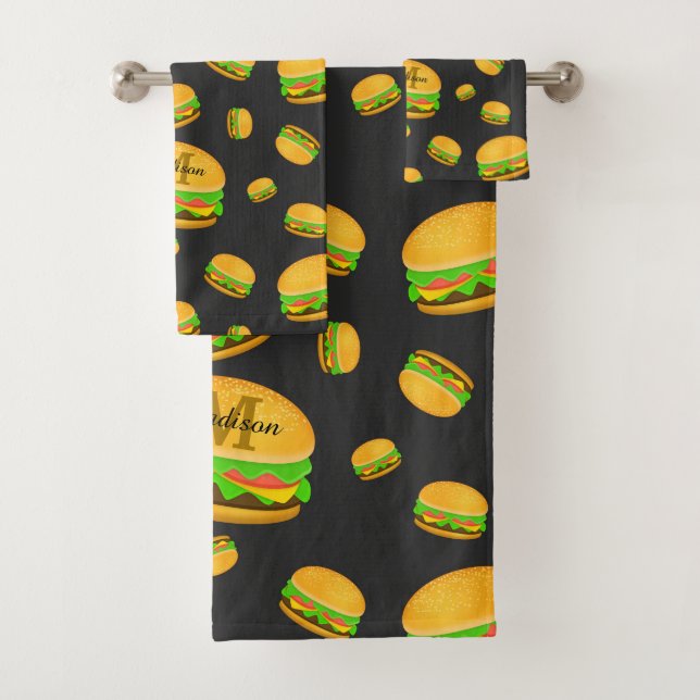 Cool and fun yummy burger pattern Monogram Bath Towel Set (Insitu)