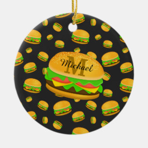 Cool and fun yummy burger pattern Monogram Ceramic Ornament