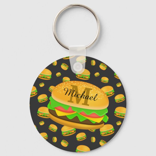 Cool and fun yummy burger pattern Monogram Key Ring (Front)