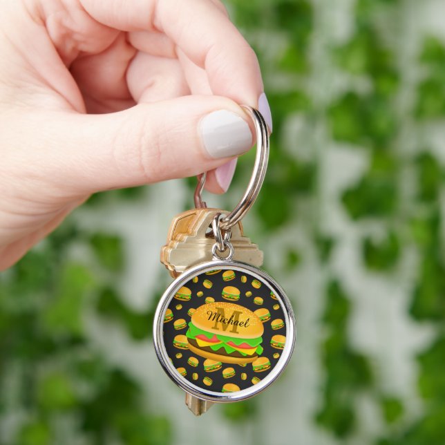 Cool and fun yummy burger pattern Monogram Key Ring (Hand)