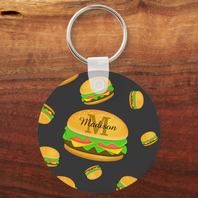 Cool and fun yummy burger pattern Monogram Key Ring (Front)