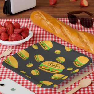 Cool and fun yummy burger pattern Monogram Paper Plate