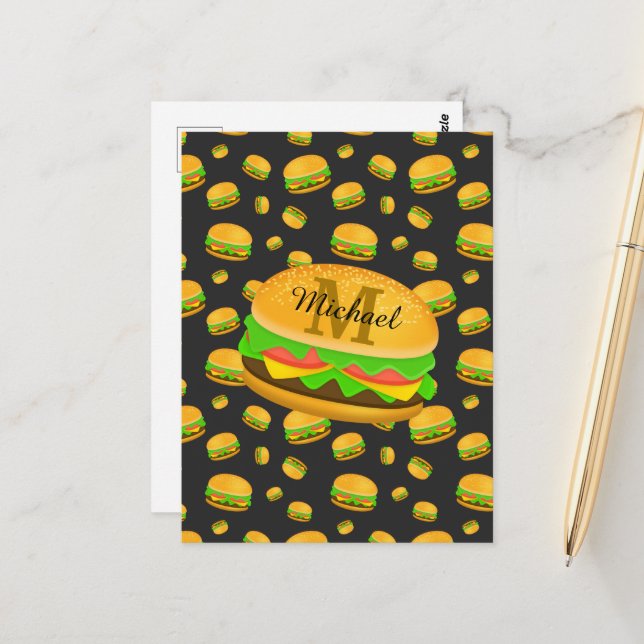 Cool and fun yummy burger pattern Monogram Postcard (Front/Back In Situ)