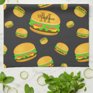 Cool and fun yummy burger pattern Monogram Tea Towel