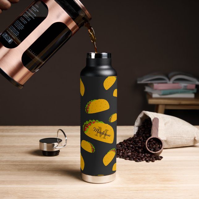 Cool and fun yummy taco pattern Monogram Water Bottle (Coffee)