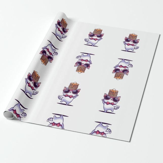 Cool and funny cat balancing pancake stack wrapping paper (Unrolled)