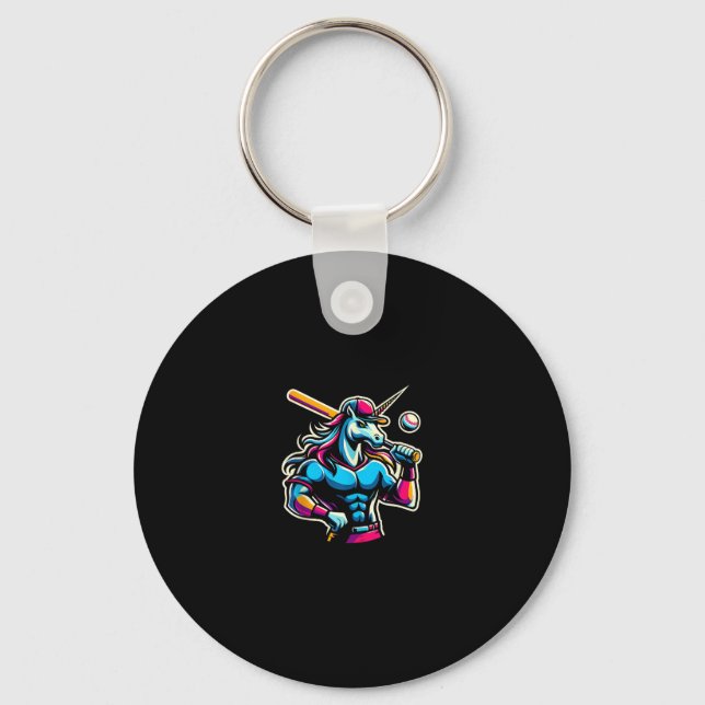 Cool Angry Unicorn Playing Baseball Ball Bat Baseb Key Ring (Front)