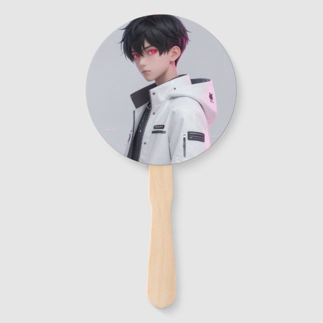 Cool Anime Boy Red Eyes Techwear Aesthetic Button Hand Fan (Front)