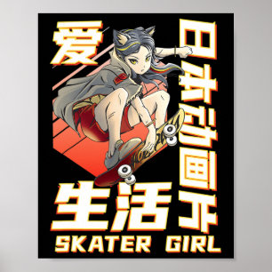 Cool Anime Skater Art Women Girls Skateboarding Sk Poster