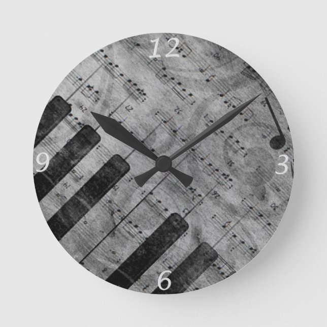 Cool antique grunge effect piano music notes round clock (Front)