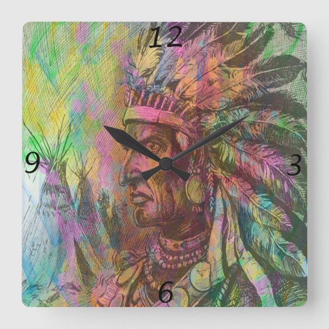 Cool antique native American Indian clipart Square Wall Clock (Front)