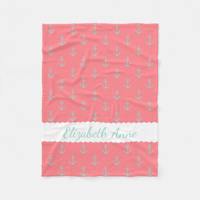 Cool Aqua Anchors on Coral Pink Personalised Fleece Blanket (Front)