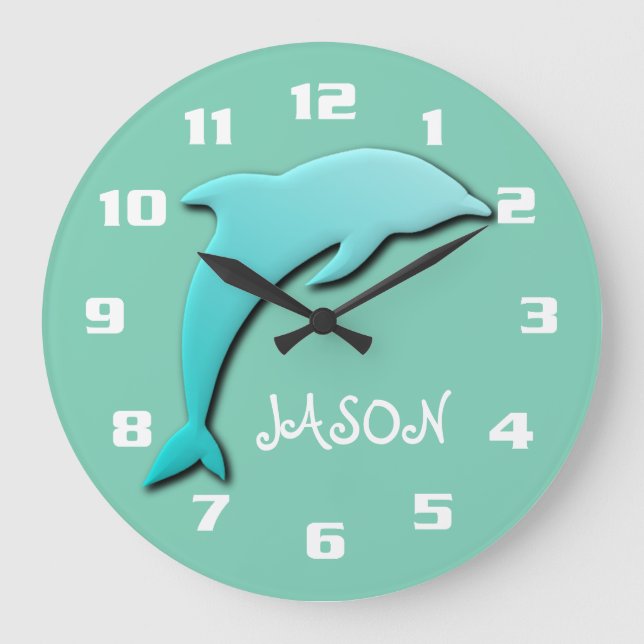 Cool Aqua Blue Dolphin Monogram Large Clock (Front)