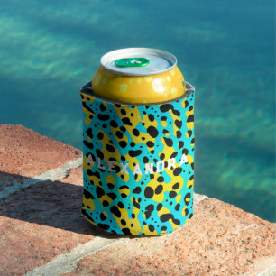 Cool Aqua Blue Neon Leopard Spots Jungle Bold Typo Can Cooler