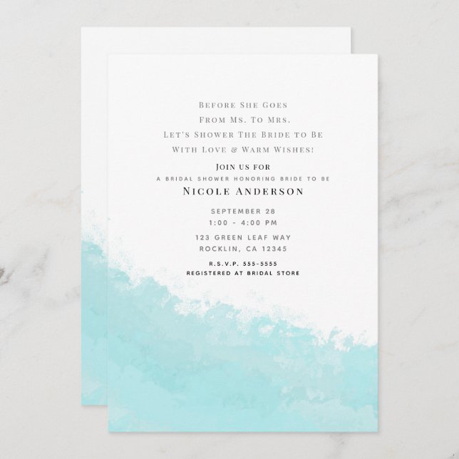 Cool Aqua Blue Wave Splash Beach Bridal Shower Invitation (Front/Back)