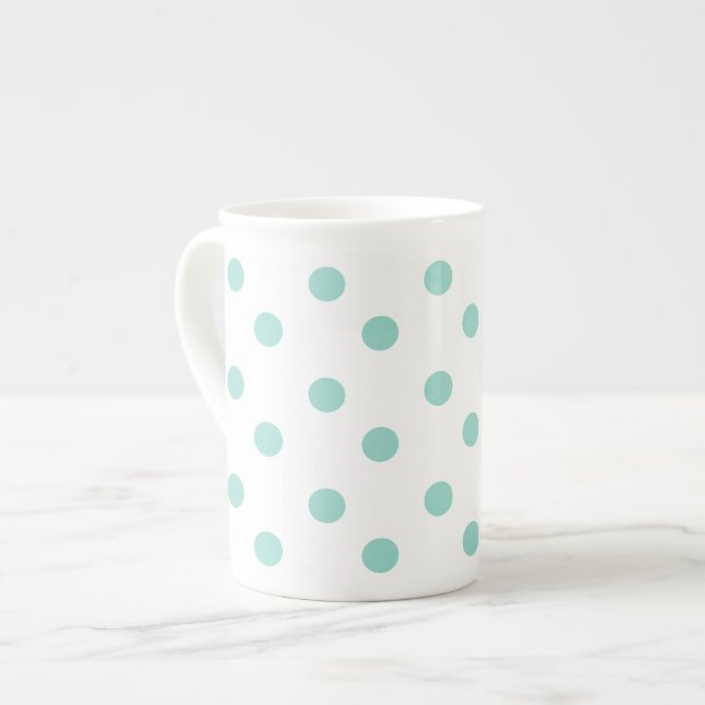 Cool Aqua Polka Dots on White Bone China Mug (Front Left)