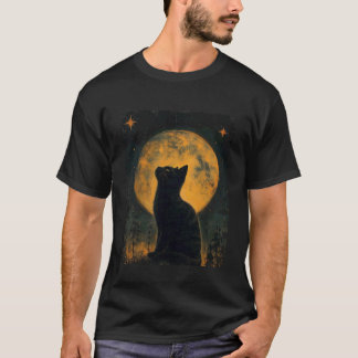 Cool Art Graphic Black Cat with Moon T-Shirt