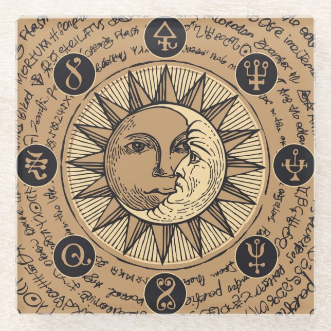 Cool Astrology Pattern with Sun and Moon Glass Coaster (Front)