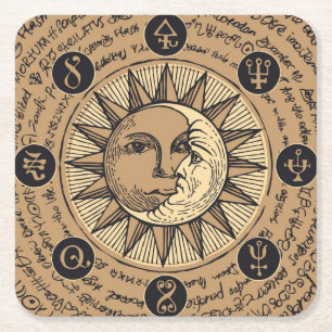 Cool Astrology Pattern with Sun and Moon Square Paper Coaster