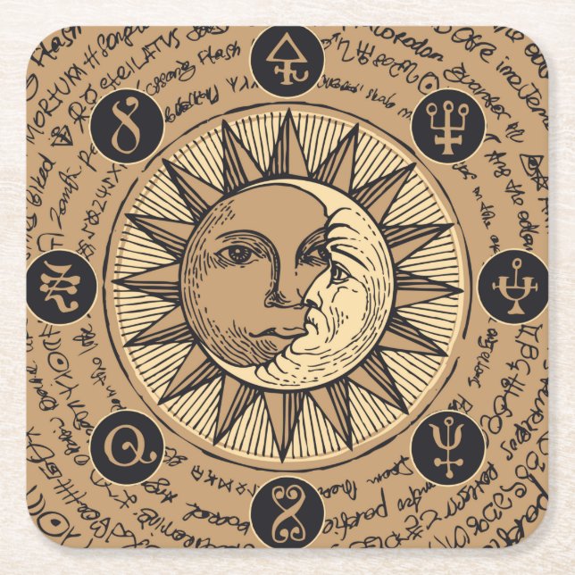 Cool Astrology Pattern with Sun and Moon Square Paper Coaster (Front)