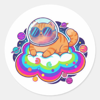 Cool Astronaut Orange Cat in Space on Rainbow Clou Classic Round Sticker