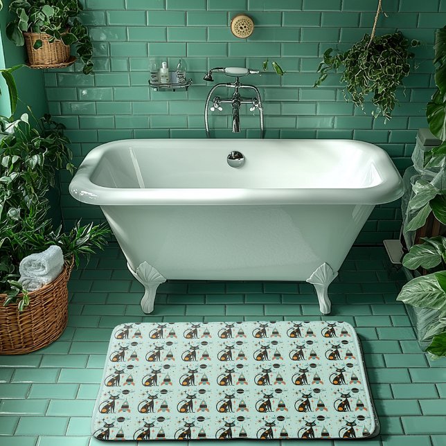 Cool Atomic Retro Cat Spaceship Saturn Stars   Bath Mat (Creator Uploaded)