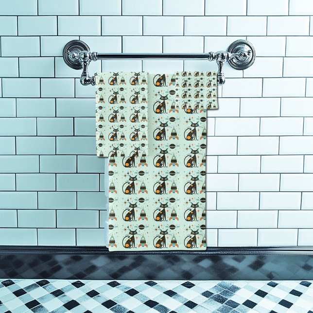 Cool Atomic Retro Cat Spaceship Saturn Stars   Bath Towel Set (Creator Uploaded)