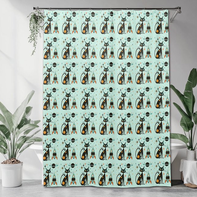 Cool Atomic Retro Cat Spaceship Saturn Stars   Shower Curtain (Creator Uploaded)