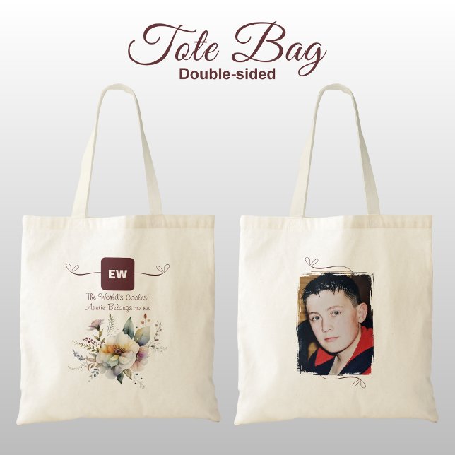 Cool Auntie add photo initials floral burgundy Tote Bag (Creator Uploaded)