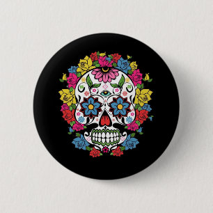 Cool awesome colourful swirls dots flowers skull 6 cm round badge