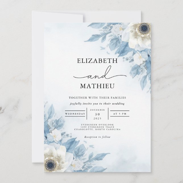 Cool Azure Bloom Floral Wedding Invitation (Front)