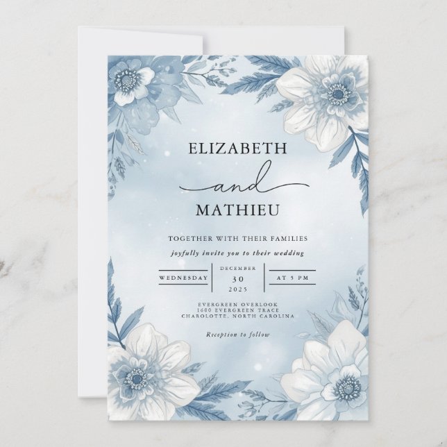 Cool Azure Floral Frost Wedding Invitation (Front)