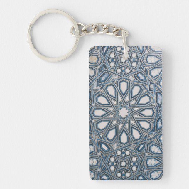 Cool Azure & White Mediterranean Tile Key Ring (Front)