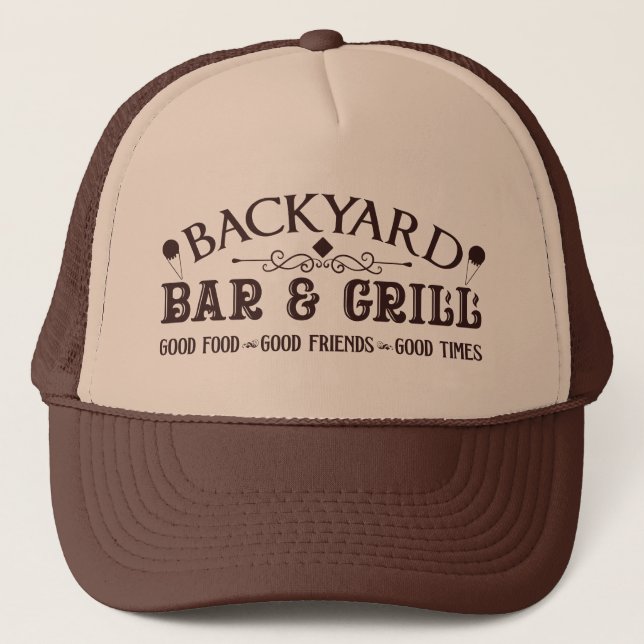 Cool backyard bar grill word art trucker hat (Front)