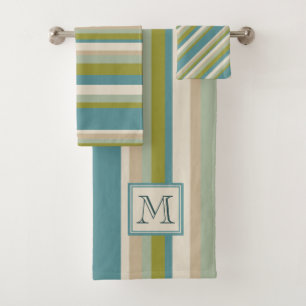 Cool Bamboo Teal Green Stripes Pattern   Monogram Bath Towel Set