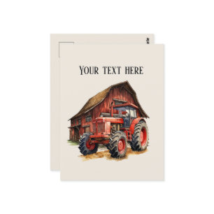 Cool barn and tractor add text Farmers Postcard