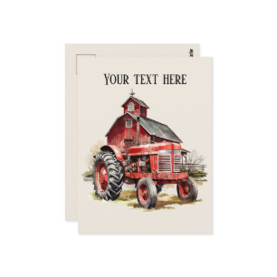Cool barn and tractor add text Farmers Postcard