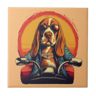 Cool basset hound biker in the sunset ceramic tile