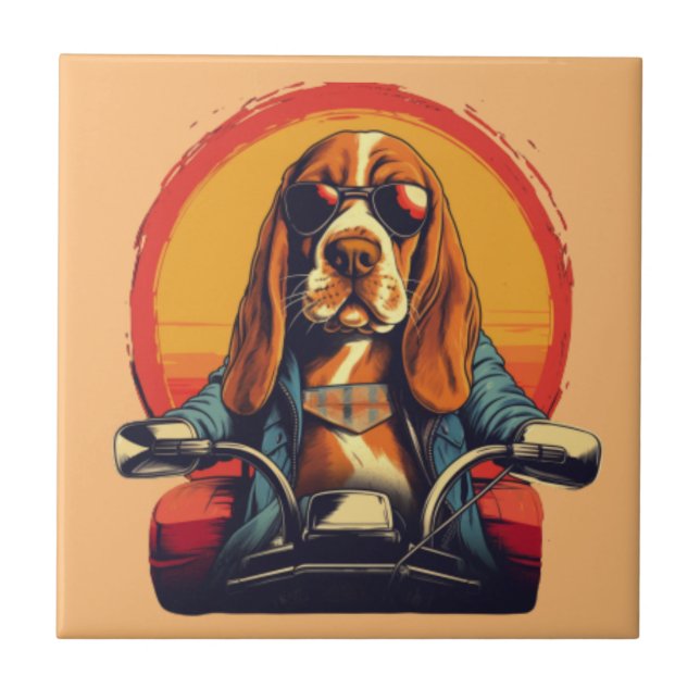 Cool basset hound biker in the sunset ceramic tile (Front)