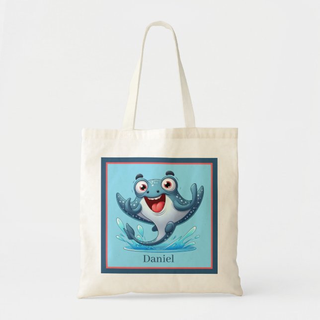 Cool beach add name kids stingray tote bag (Front)