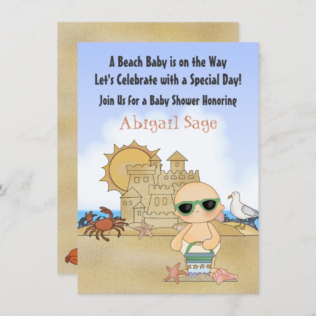 Cool Beach Baby and Sandcastle Neutral Baby Shower Invitation (Front/Back)
